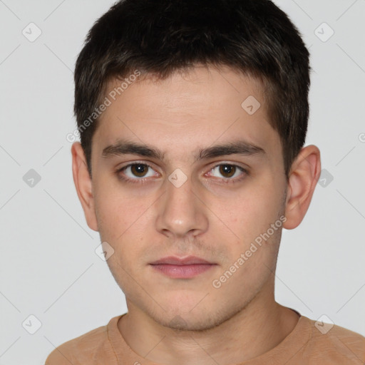 Neutral white young-adult male with short  brown hair and brown eyes