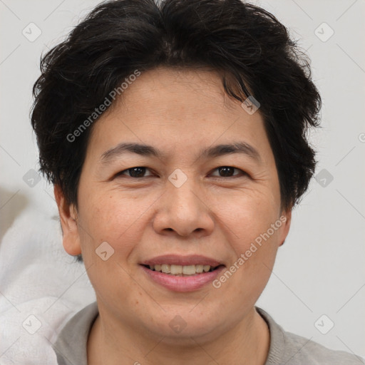 Joyful white adult female with short  brown hair and brown eyes