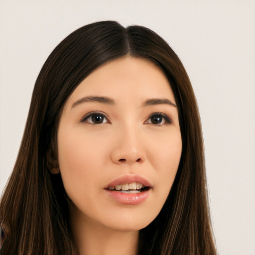 Neutral asian young-adult female with long  brown hair and brown eyes