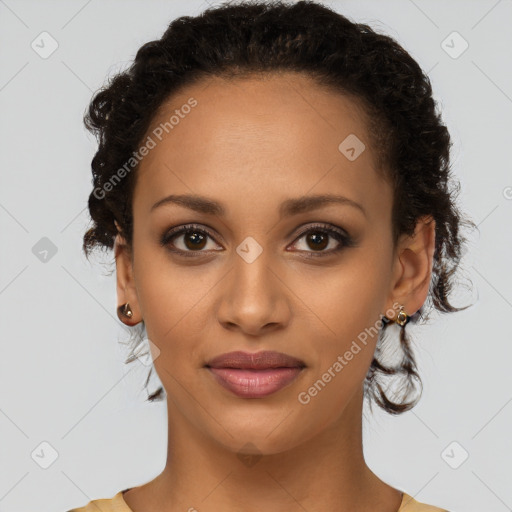 Joyful latino young-adult female with short  brown hair and brown eyes