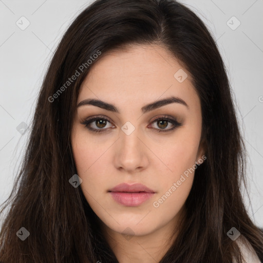 Neutral white young-adult female with long  brown hair and brown eyes