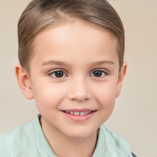 Joyful white child female with short  brown hair and brown eyes