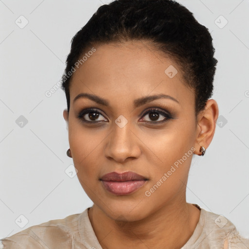 Joyful latino young-adult female with short  brown hair and brown eyes