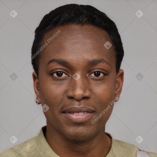 Neutral black young-adult female with short  black hair and brown eyes