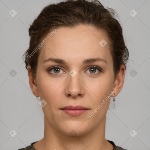 Neutral white young-adult female with short  brown hair and brown eyes