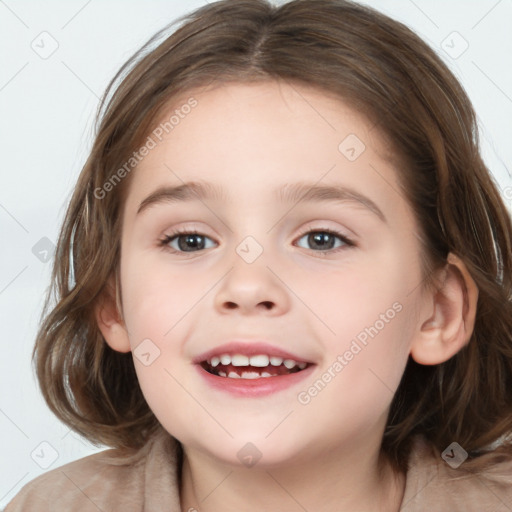 Joyful white child female with medium  brown hair and brown eyes