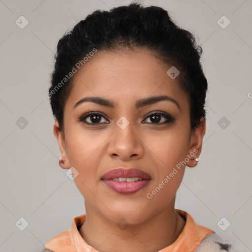 Joyful latino young-adult female with short  black hair and brown eyes