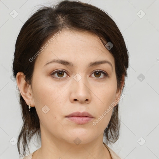 Neutral white young-adult female with medium  brown hair and brown eyes