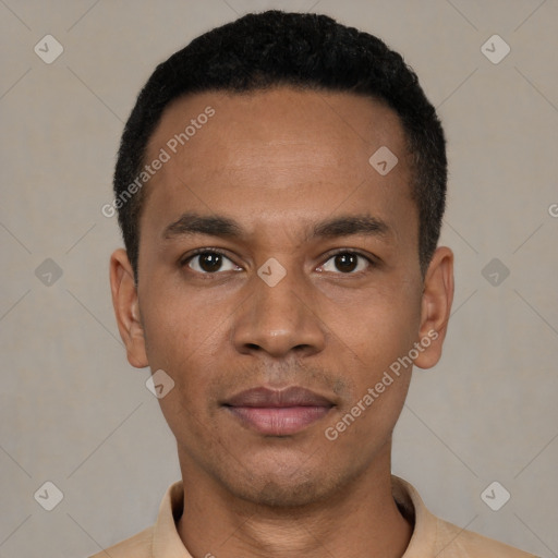 Neutral latino young-adult male with short  black hair and brown eyes