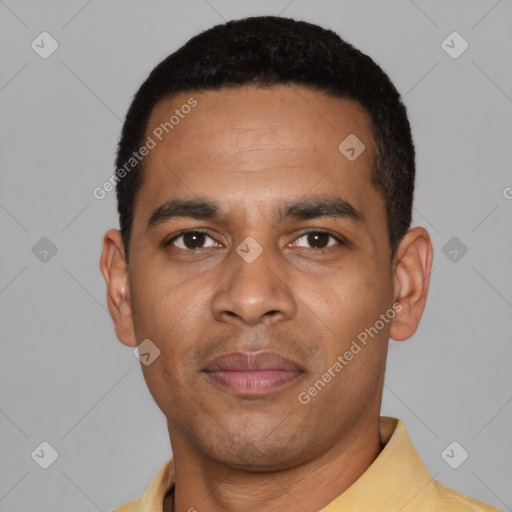 Neutral latino young-adult male with short  black hair and brown eyes