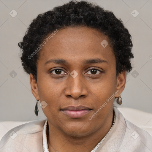 Joyful black young-adult female with short  brown hair and brown eyes