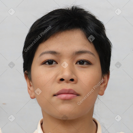 Neutral asian young-adult female with short  brown hair and brown eyes