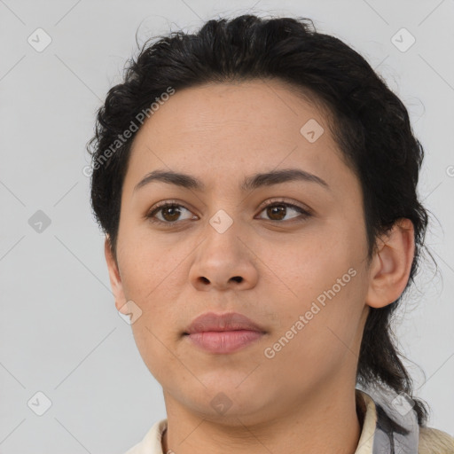 Neutral asian young-adult female with short  brown hair and brown eyes