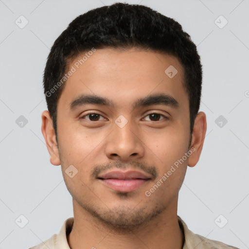 Neutral latino young-adult male with short  black hair and brown eyes