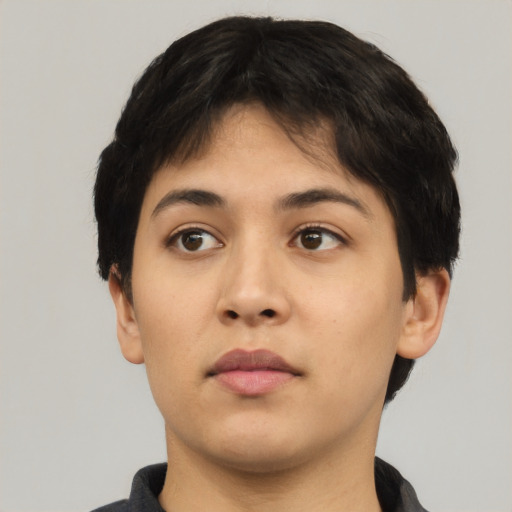 Neutral asian young-adult female with short  black hair and brown eyes