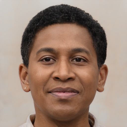 Joyful latino young-adult male with short  brown hair and brown eyes