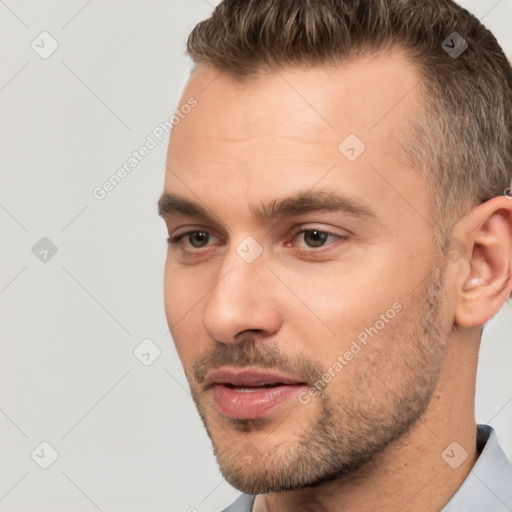 Neutral white young-adult male with short  brown hair and brown eyes