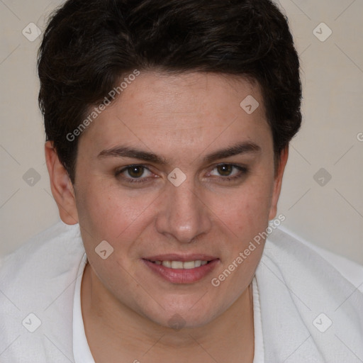 Joyful white young-adult female with short  brown hair and brown eyes