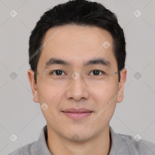 Joyful asian young-adult male with short  black hair and brown eyes