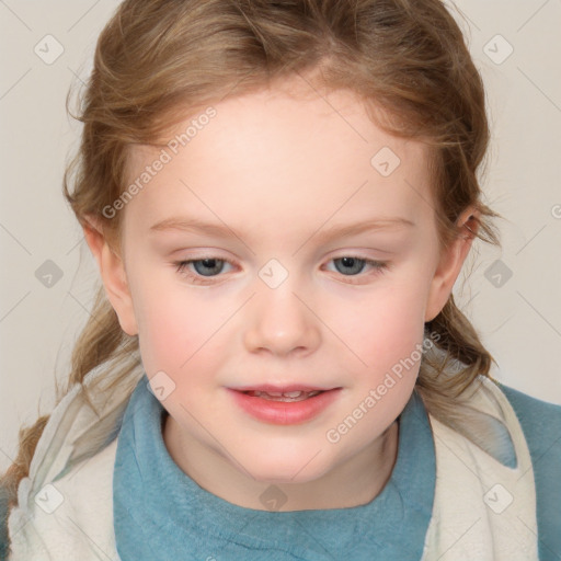 Joyful white child female with medium  brown hair and blue eyes