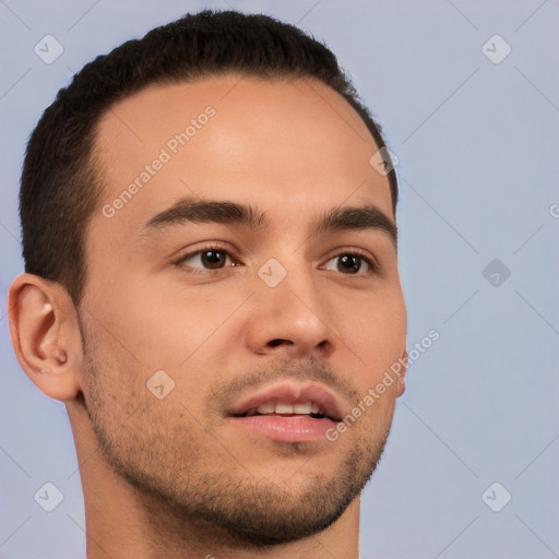 Neutral white young-adult male with short  brown hair and brown eyes