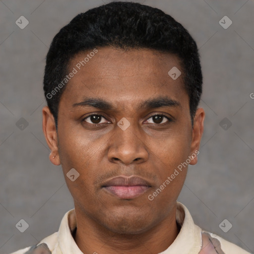 Neutral black young-adult male with short  black hair and brown eyes