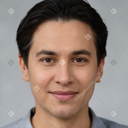 Joyful white young-adult male with short  brown hair and brown eyes