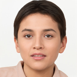 Neutral white young-adult female with short  brown hair and brown eyes