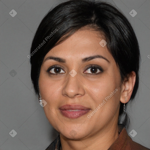 Joyful latino young-adult female with medium  black hair and brown eyes