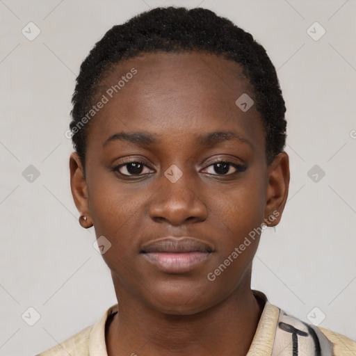 Neutral black young-adult female with short  black hair and brown eyes