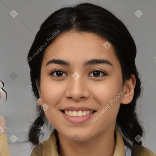 Joyful asian young-adult female with medium  black hair and brown eyes