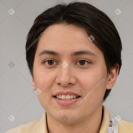 Joyful white young-adult female with medium  brown hair and brown eyes