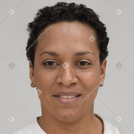 Joyful latino adult female with short  brown hair and brown eyes