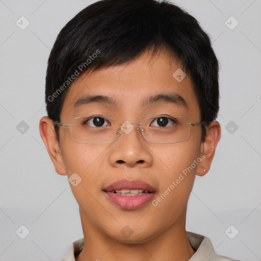 Joyful asian young-adult male with short  brown hair and brown eyes