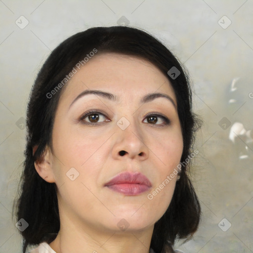 Neutral asian young-adult female with medium  brown hair and brown eyes