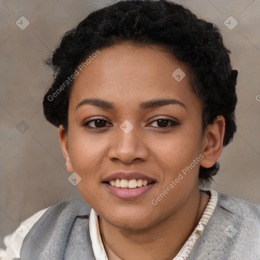 Joyful latino young-adult female with short  black hair and brown eyes