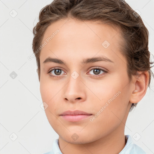 Neutral white young-adult female with short  brown hair and brown eyes