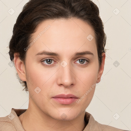 Neutral white young-adult female with short  brown hair and brown eyes