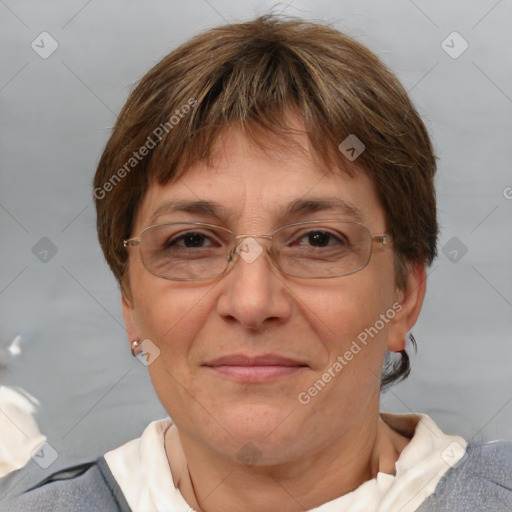 Joyful white adult female with short  brown hair and brown eyes