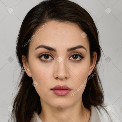 Neutral white young-adult female with medium  brown hair and brown eyes