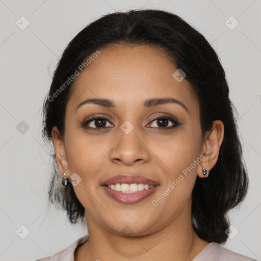 Joyful latino young-adult female with medium  brown hair and brown eyes