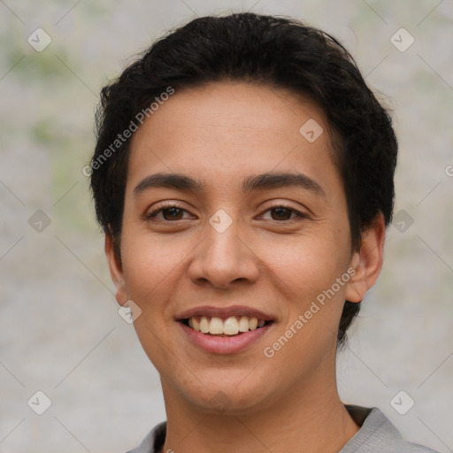 Joyful latino young-adult female with short  brown hair and brown eyes