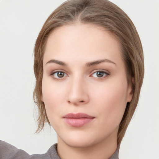 Neutral white young-adult female with medium  brown hair and grey eyes