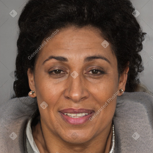 Joyful white adult female with short  brown hair and brown eyes