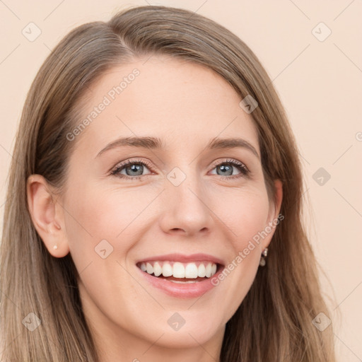 Joyful white young-adult female with long  brown hair and grey eyes