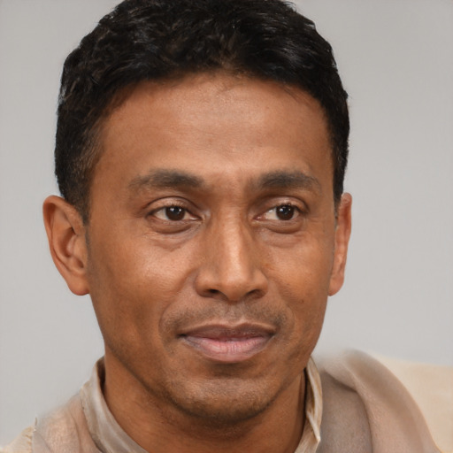 Joyful latino adult male with short  brown hair and brown eyes