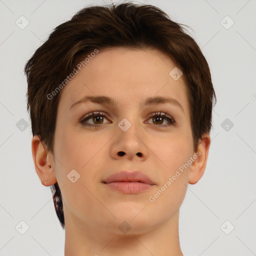 Neutral white young-adult female with short  brown hair and brown eyes