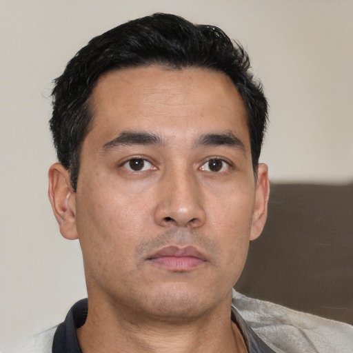 Neutral white young-adult male with short  black hair and brown eyes