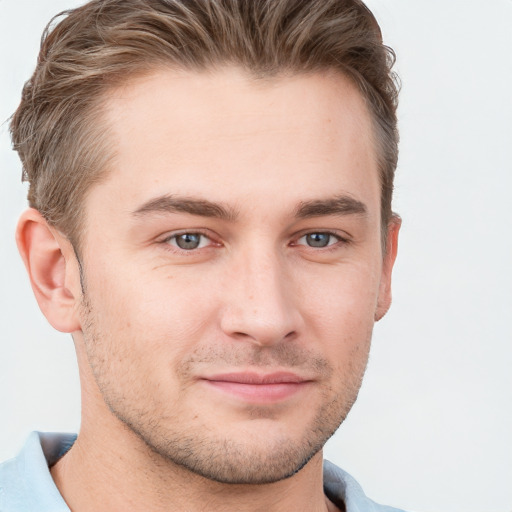 Neutral white young-adult male with short  brown hair and grey eyes