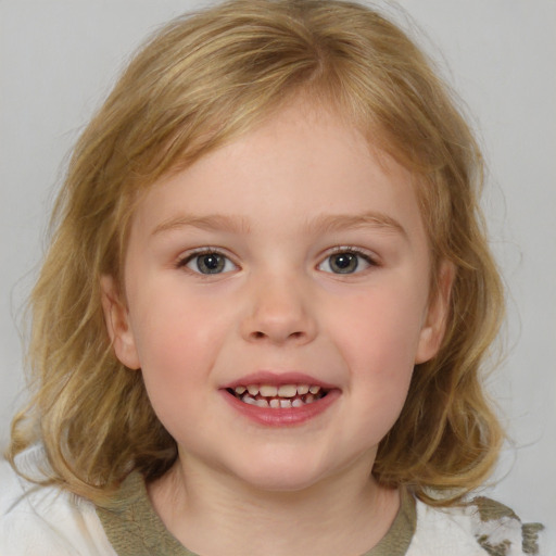 Joyful white child female with medium  brown hair and blue eyes